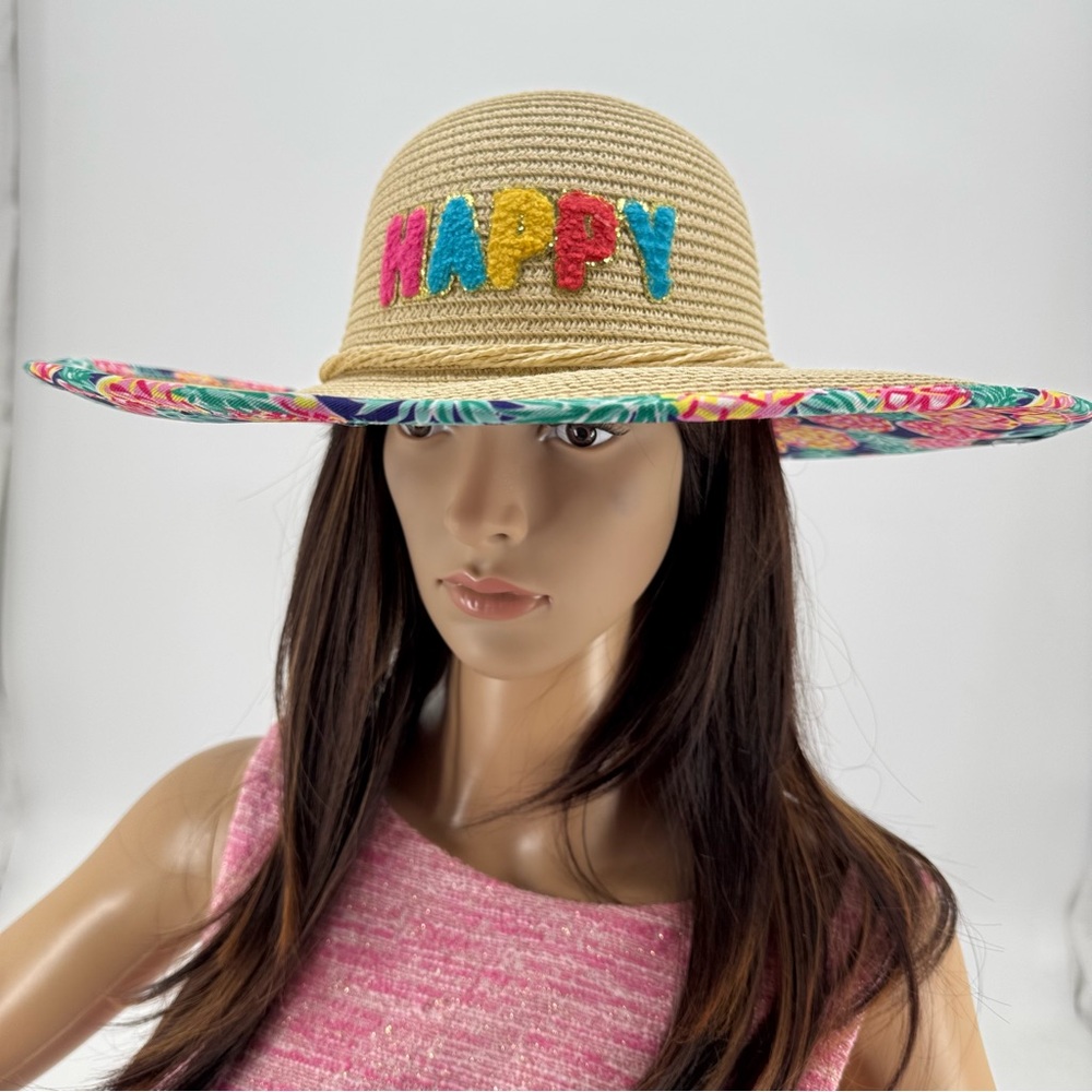 Simply Southern Preppy Straw Happy Tropical Print Beach Garden Sun Wide Brim Hat